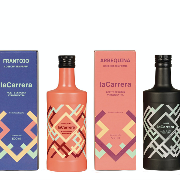 NUEVA COSECHA 2025/26. Aceite de Oliva Virgen Extra TEMPRANO. Variedades: FRANTOIO, PICUAL y ARBEQUINA - SCA La Carrera - Estuche Botella Cristal Argos 500 ml.  6 unidades Caja. (2 Botellas de cada Variedad)
