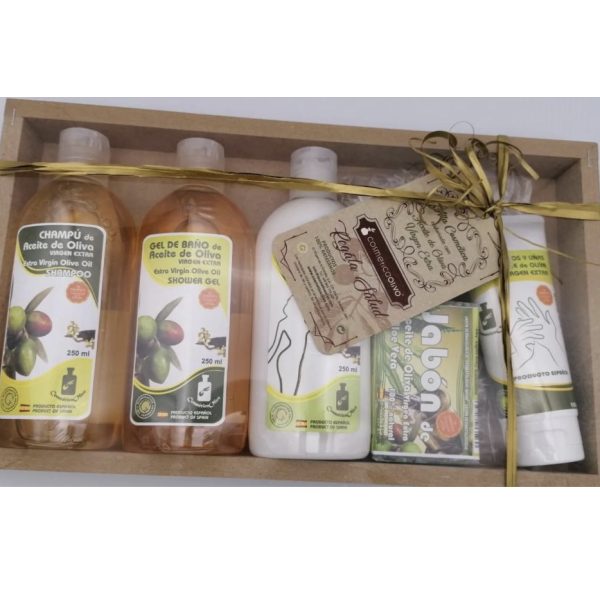 Cosmética con AOVE - Cesta NOGAL (Champú, Gel de Baño, Body Milk, pastilla de Jabón + Jaboncito, crema de Manos y Uñas)